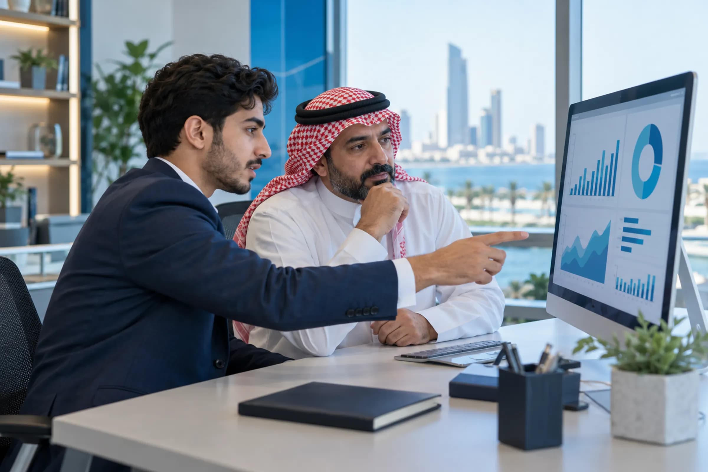 Analyst reviewing a KPI dashboard with a manager