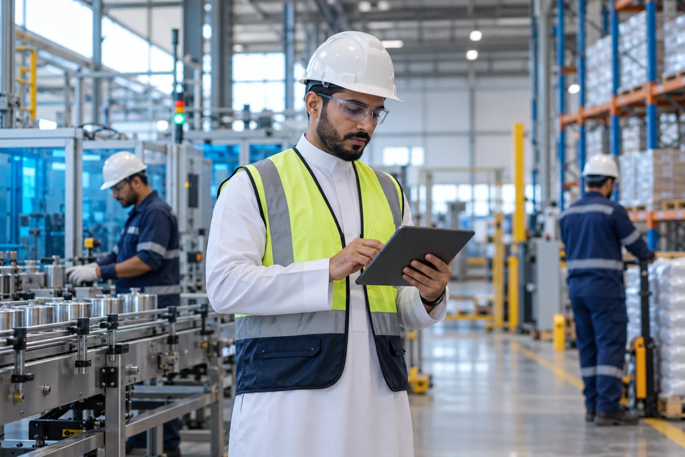 Factory supervisor using ERP on a tablet on the floor