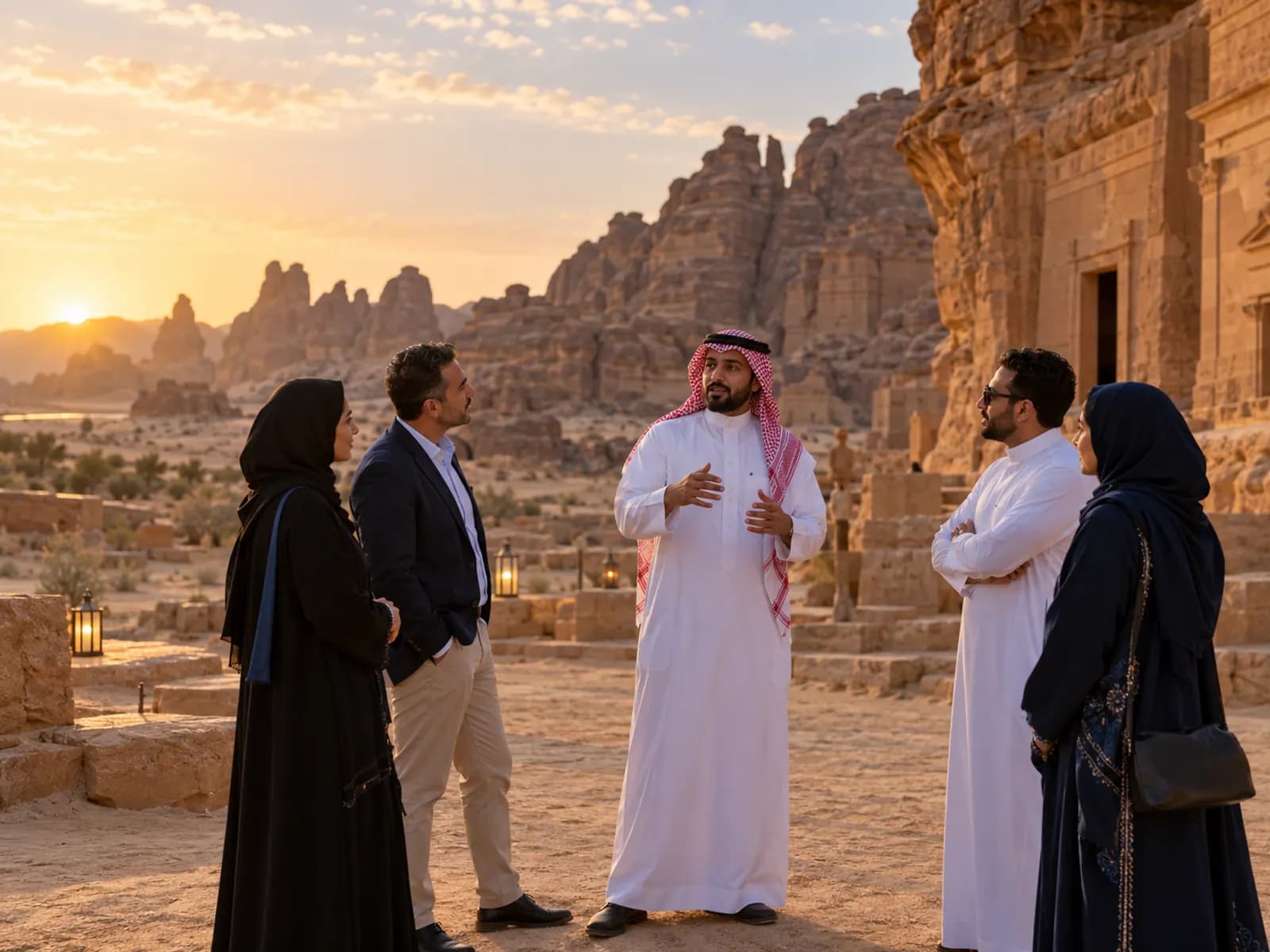 Saudi heritage destination with visitors and guides
