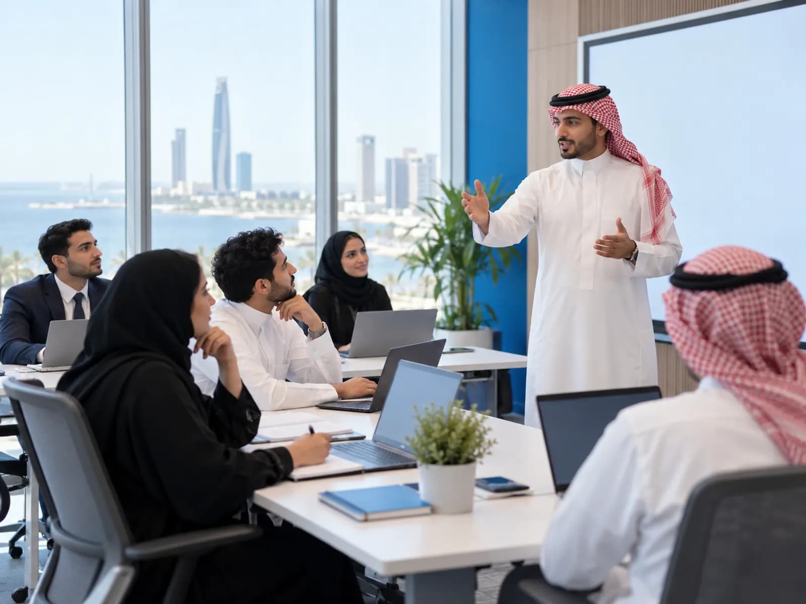 Professional training room, trainees at laptops